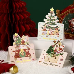 Tarjetas decorativas de papel de aluminio dorado, tarjetas de Feliz Navidad, Santa, árbol de Navidad, paquete de negocios, regalo de fiesta, tarjetas de vacaciones de flores, 6 piezas por juego