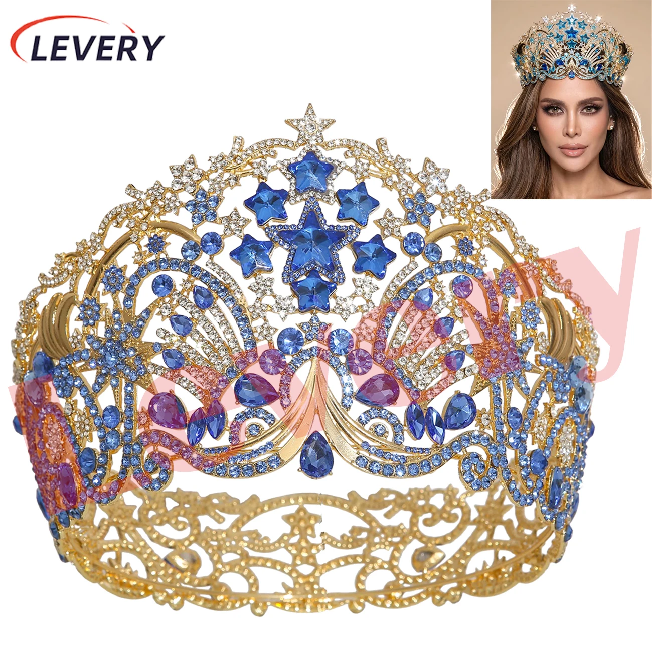 Levery 2026 New MGI All Stars Crystal Crown for Pageant Women Headpiece for Wedding, Birthday, Pageant, Prom, Party