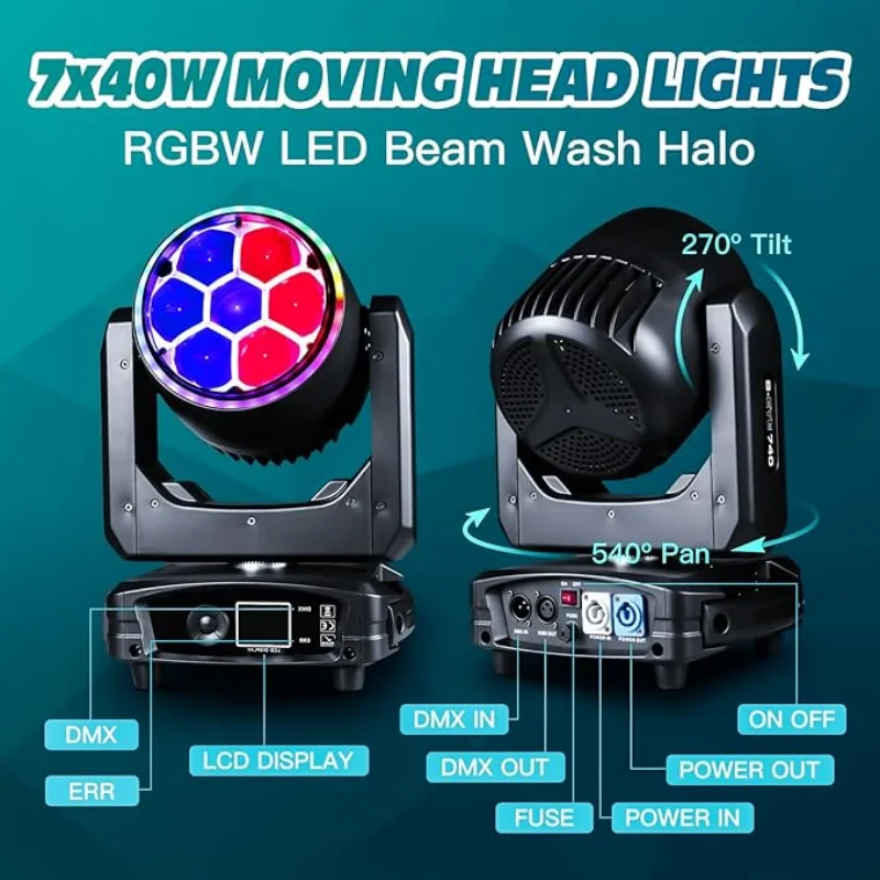 7x40W 비아이 빔 워시 헤일로 효과 LED 무빙 헤드 RGBW 4in1 DMX512 컨트롤 (DJ, 디스코, 파티, 나이트클럽, 웨딩, KTV용)