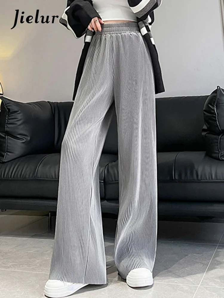 Jielur Pockets Thick Loose Simple Office Lady Pants New Loose Slim Casual Solid Color Fashion Female Wide Leg Pants Grey Black