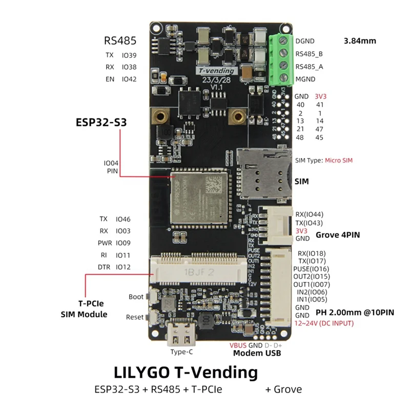 RISE LILYGO T-Vending ESP32-S3 Плата разработки IOT Модуль RS485 Встроенный Wi-Fi + Bluetooth, совместимый с PCIE