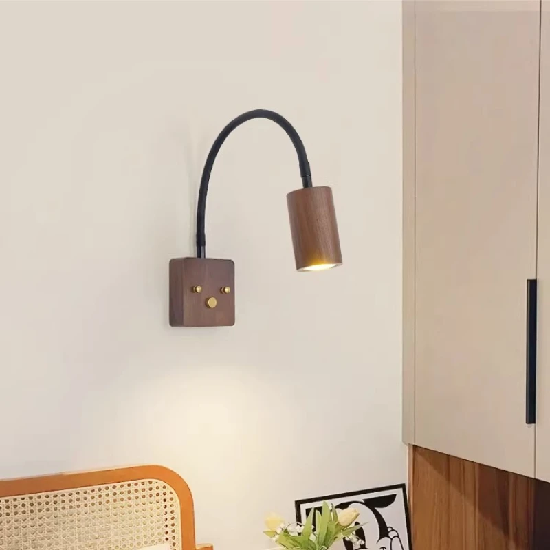 

Japanese Vintage Walnut Wood Color Wall Lamps 360 Degree Rotatable Light Living Room Bedroom Bedside Study Reading Wall Sconces