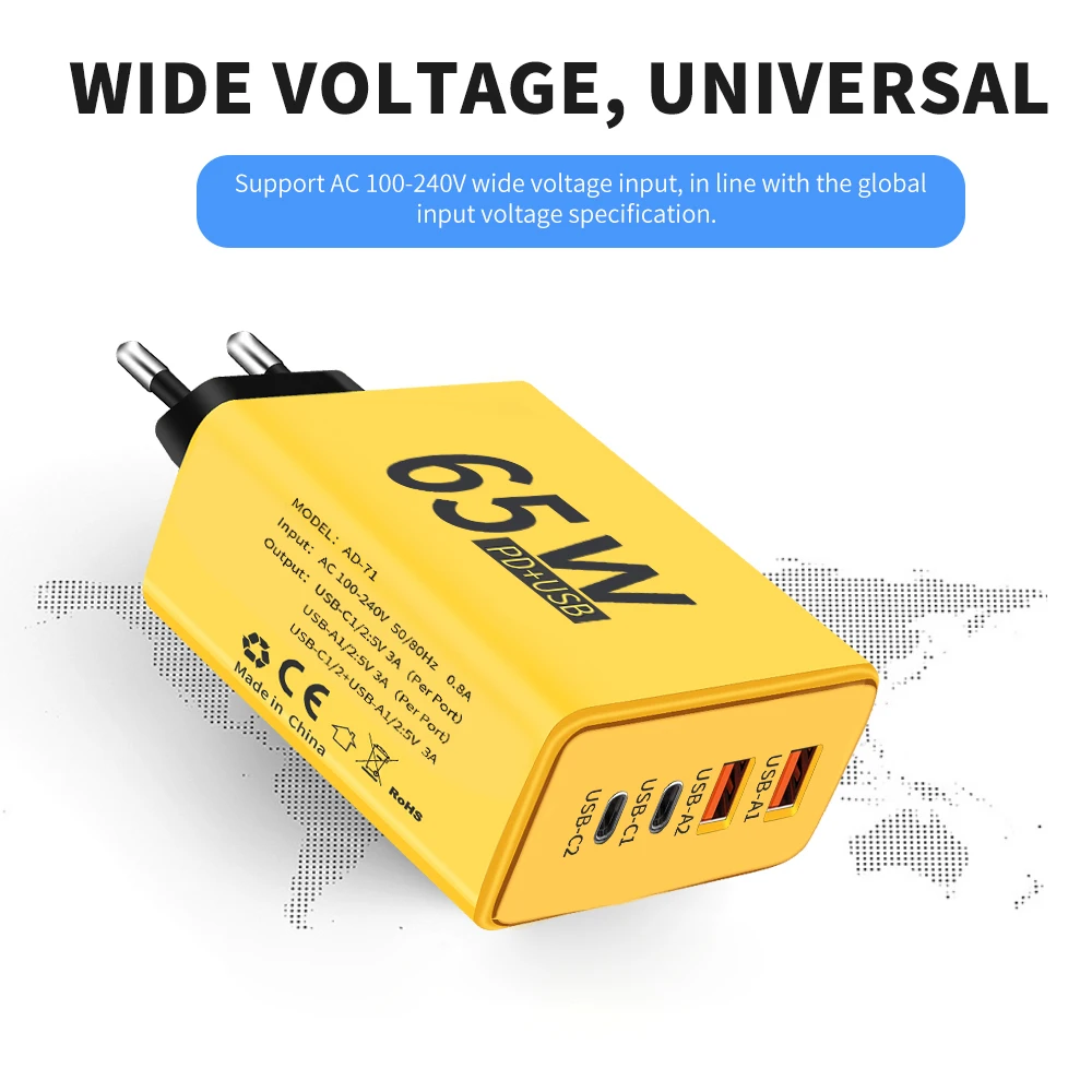 PD 65W Type C USB Wall Charger 4 In 1 Fast Charging Charger Multi Ports Portable Power Adapter Quick Charging USB C Charger Set