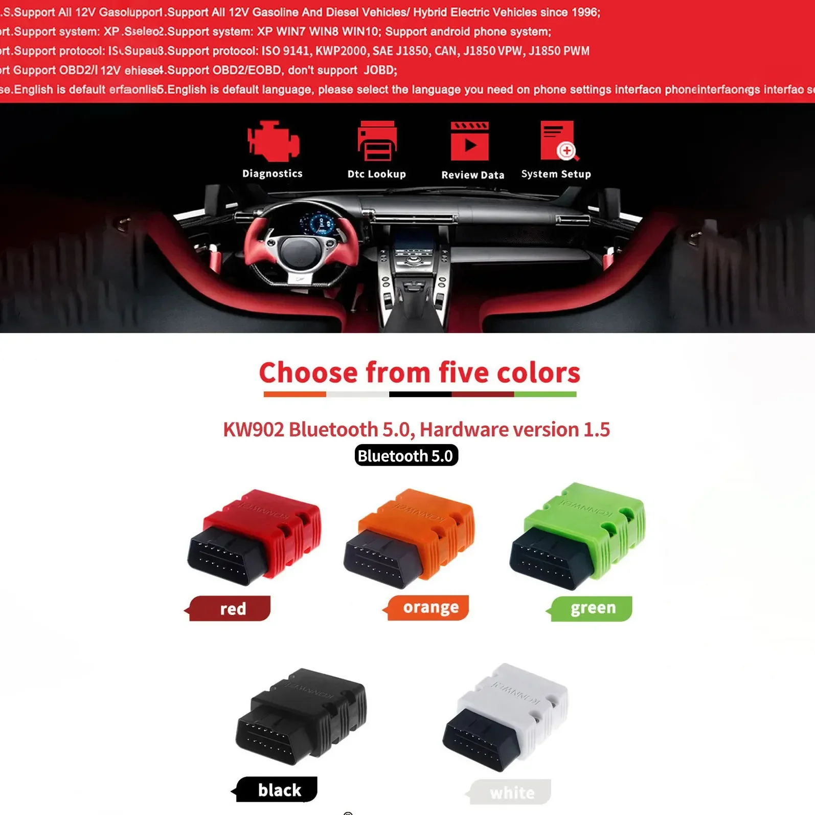 رائجة البيع الماسح الضوئي obdii elm327 KONNWEI kw902 بلوتوث 5.0 نسخة الأجهزة 1.5 ماسح ضوئي تشخيصي عالمي للسيارة