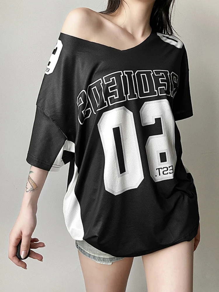 

Letters Printed Oversized T Shirts For Women Streetwear Inclined Collar Grunge Clothes Short Sleeve Y2k Top Camisetas Ropa Mujer