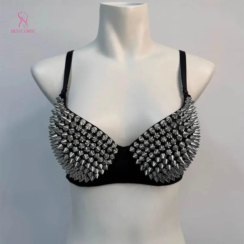 Studded Spike Rivet Metal Gothic Punk Bra Women'S Sexy Bralette For Rave Festival Party Club Dance Costume Performance Nightclub