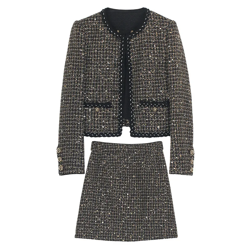High Quality Woven Tweed Suit Women Fashion O Neck Sequined Fastener Short Coat+ Mini Skirt Small Fragrance Lady Two-piece Set