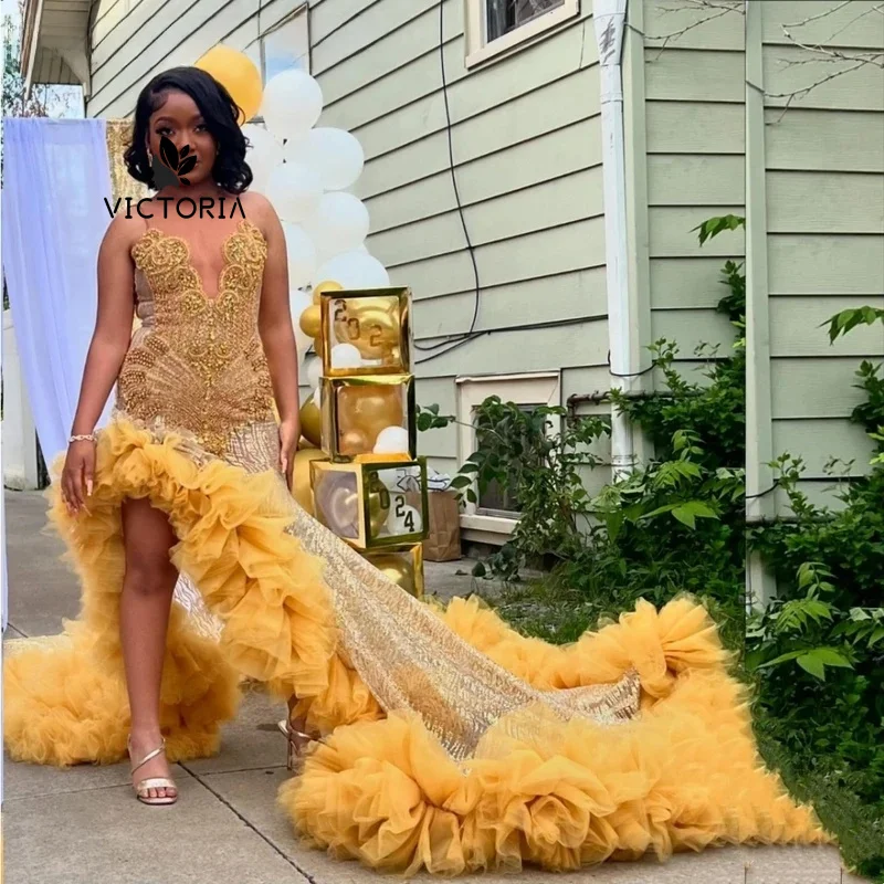 

Customized Sparkly Gold Ruffles Mermaid Prom Dress Black Girls High Slit Rhinestones Beaded Aso Ebi Party Gown