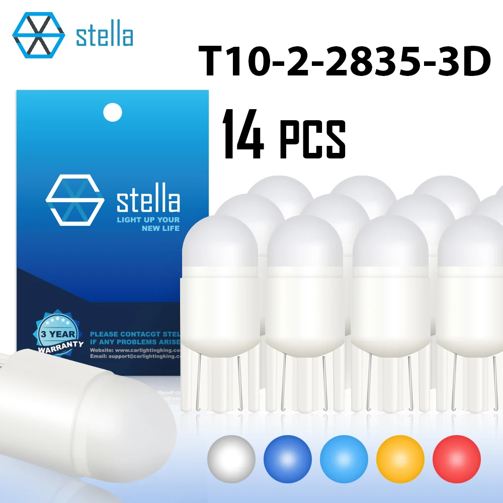 ستيلا 14 قطعة T10 LED لمبة أبيض أحمر أزرق IceBlue أصفر ثلاثية الأبعاد ضوء لامع صغير الحجم 100% تثبيت W5W لمصباح إشارة السيارة الداخلي