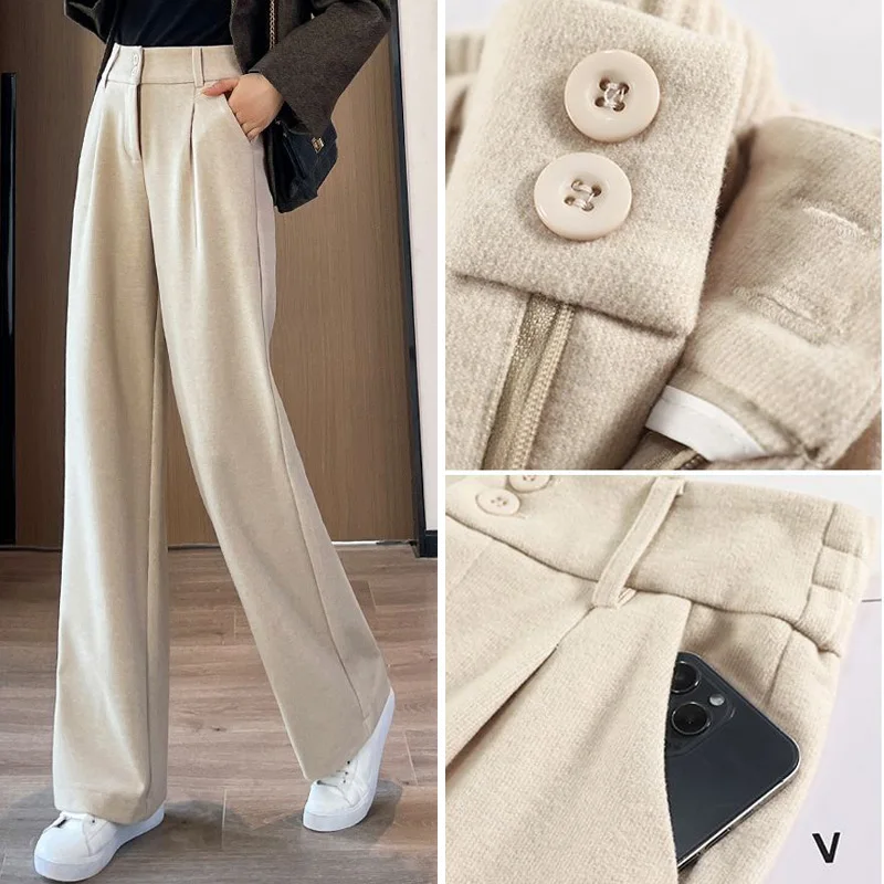 Autumn Winter Female Classic Casual Thicken Pants Girls Straight Leg Trousers Lady Solid Elegant High Waist Pants with Pockets
