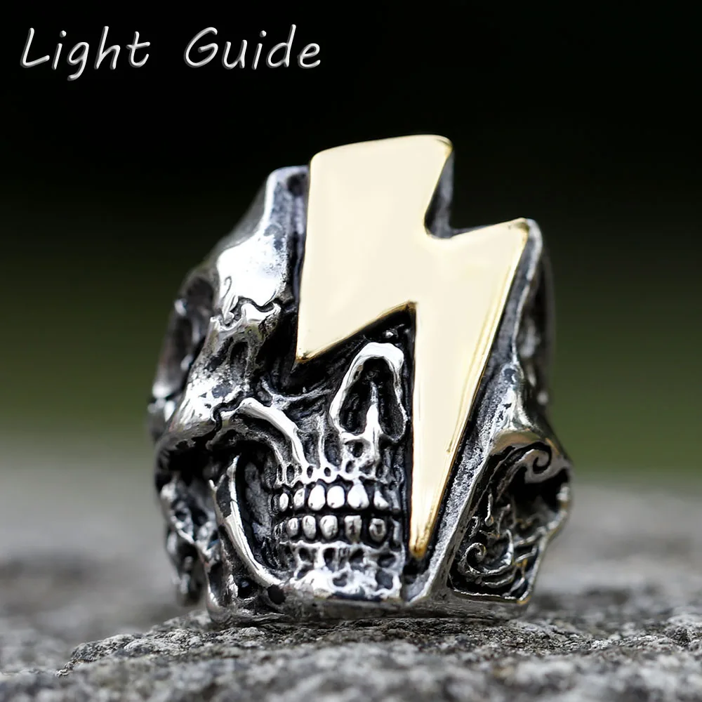 2022 New Stainless Steel Lightning Skull Ring For Men Punk Rock Gothic Punk Metal Rock Biker Jewelry Accessories Wholesale