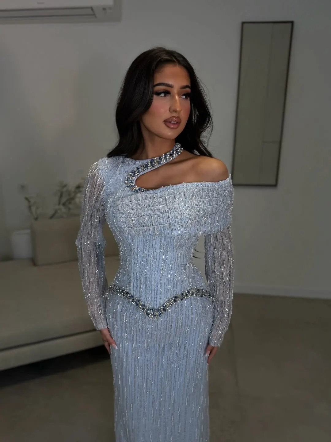 Customized Sparkling Evening Dresses Blue Off the Shoulder Full of Beads Crystal Pearls Exquisite Party Dresses Saudi Arabic
