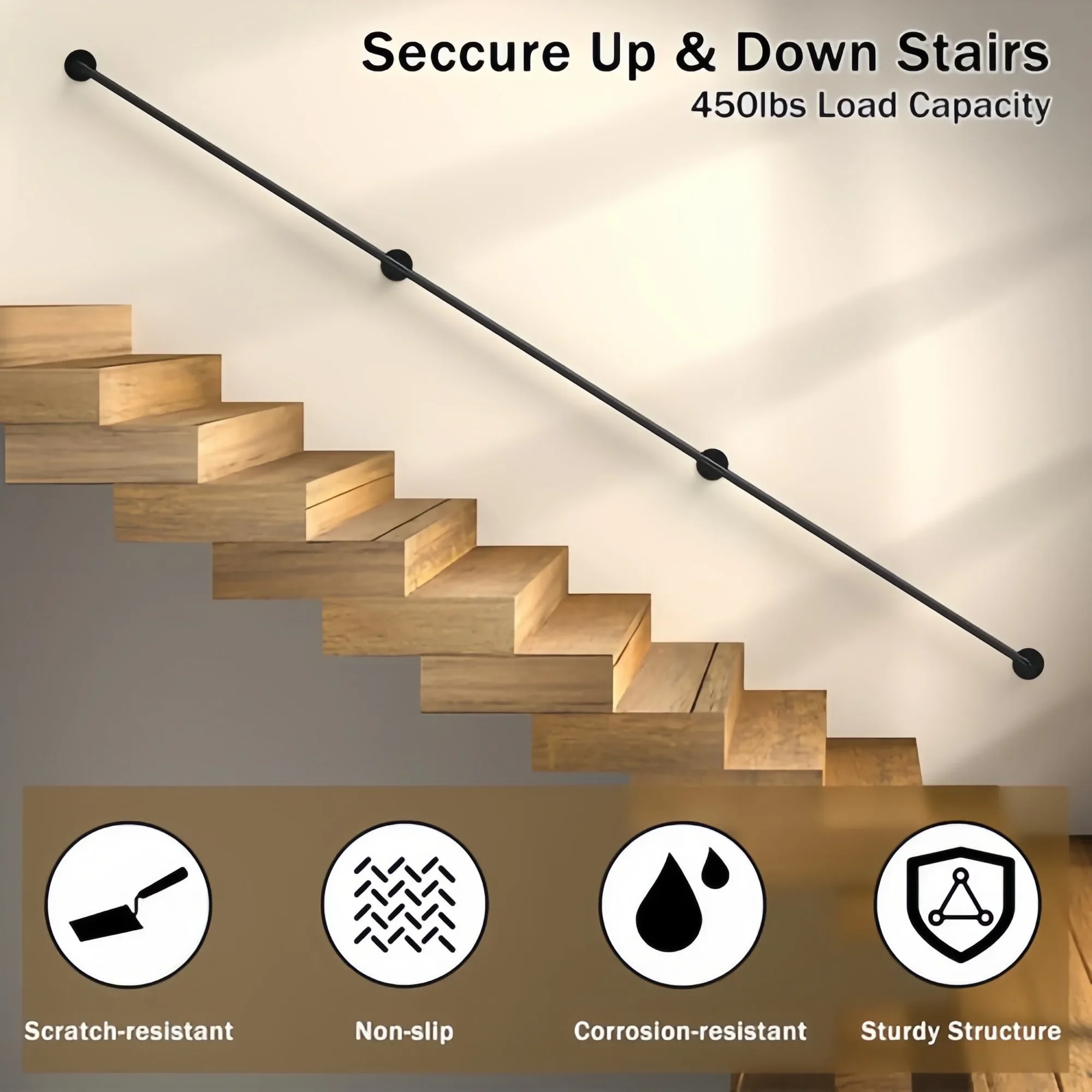 درابزين أنبوب حديد صناعي مجلفن باللون الأسود بطول 10 أقدام، مناسب لتركيب الجدار الداخلي والخارجي، والمساعدة في السلامة. #2