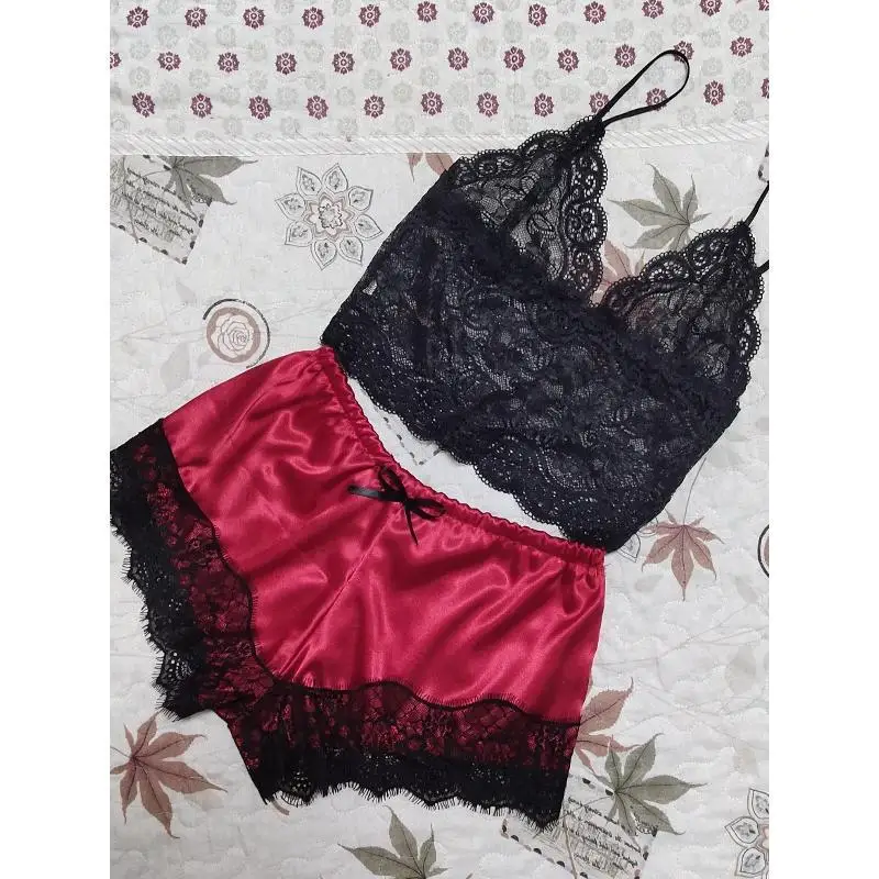Women Satin Pajama Set Lace Cami Top Shorts Sleepwear Set Silk Nightwear Lingerie Lounge Outfit Home Clothing