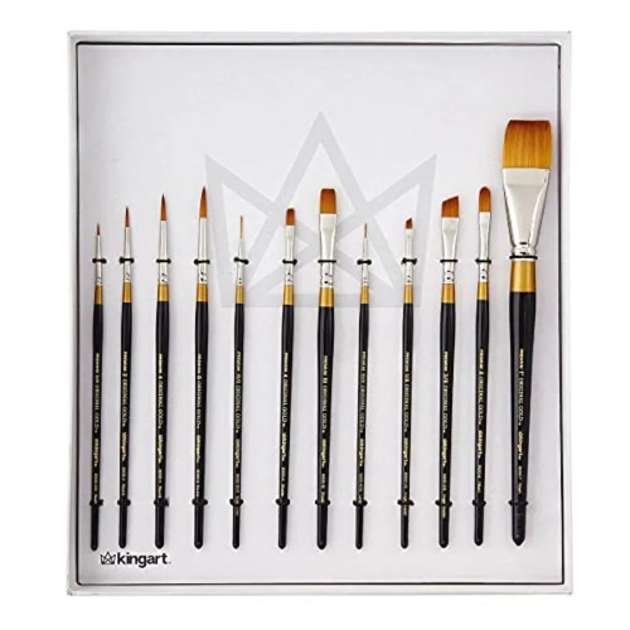 

Premium Original Gold Series Handcrafted Golden Taklon Multimedia Artist Brushes, Set of 12, Black Glosss Handle, for Oil, Acry