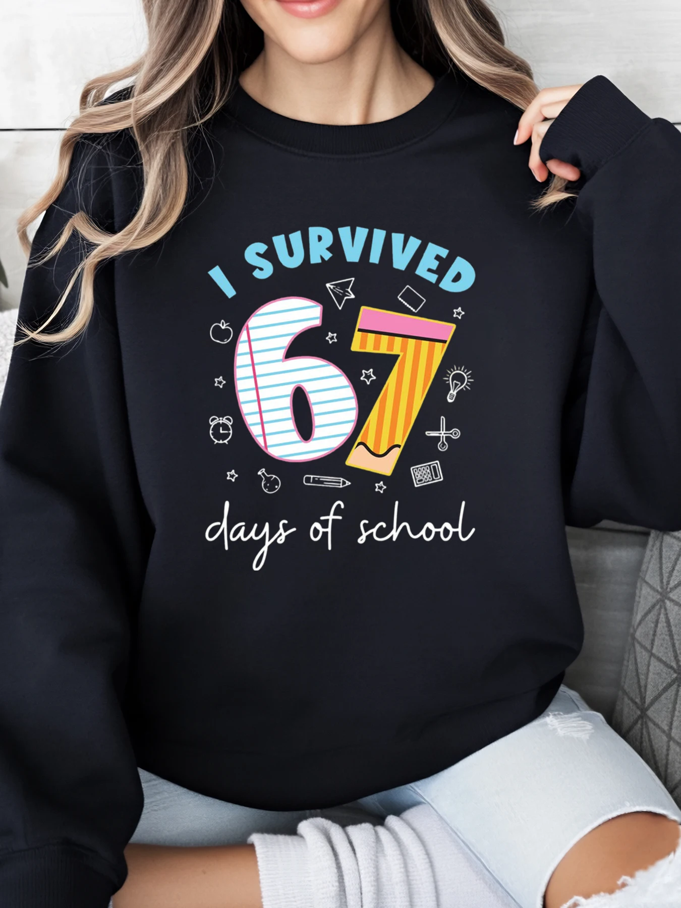 

Толстовка с принтом I Survived 67 дней в школе, школьный сезон, женская повседневная одежда, черная, больших размеров