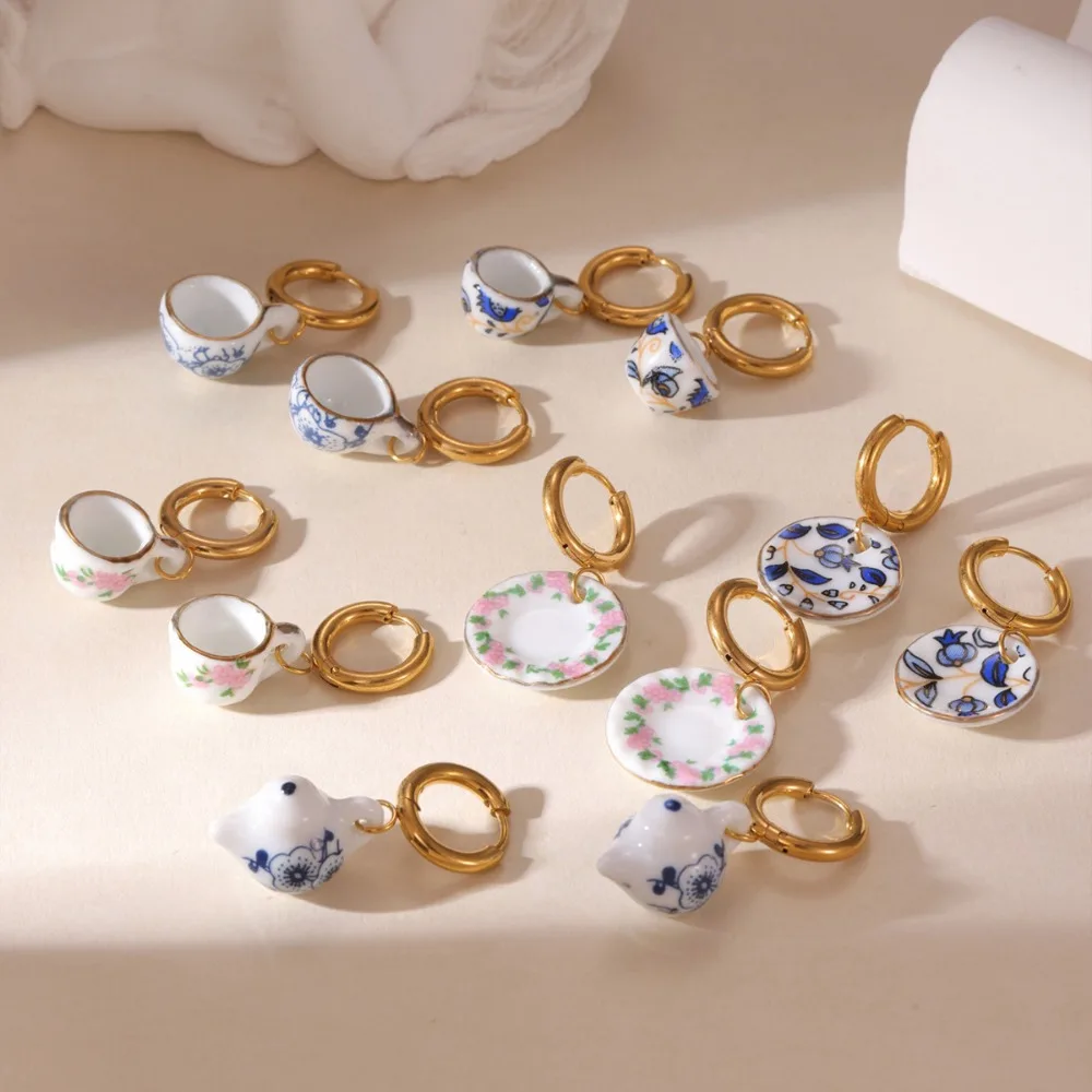 18K Gold Plated Blue and White Porcelain Earrings,Stainless Steel Ceramic Drop Earrings for Women,Fresh Unique Design