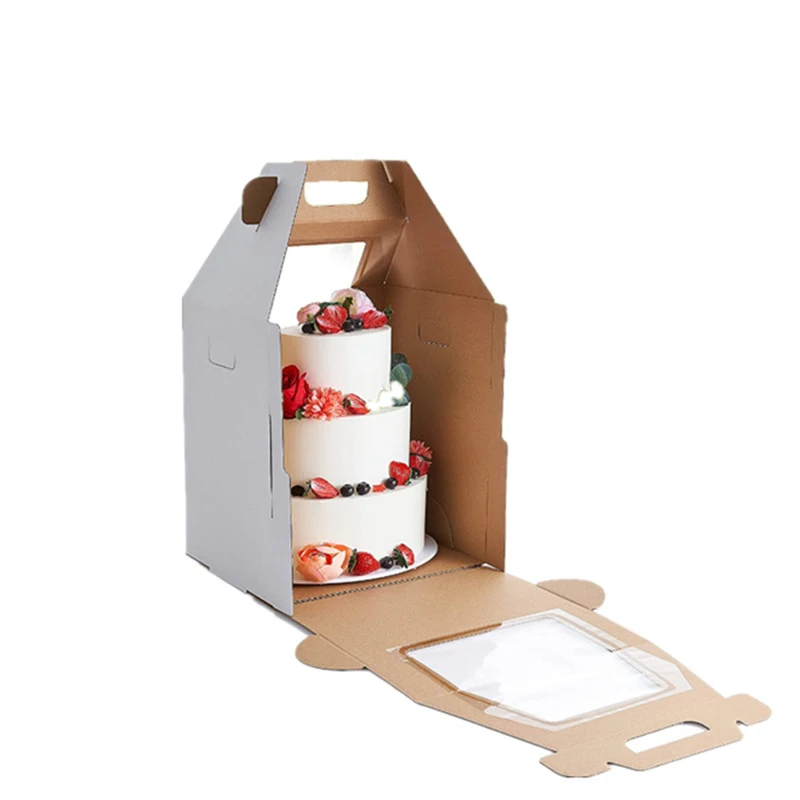 Portable Cake Packaging Box with Handle, Window Open, High and Hard, Two Layer Cake Corrugated Box, Birthday Cake, 14Inch