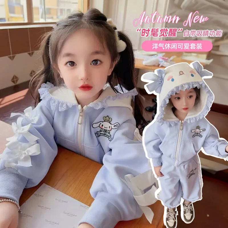 

Kawayi комплект детского спортивного костюма из 2 предметов Sanrios Hello Kitty для девочек, модная толстовка с капюшоном на молнии, широкие брюки, повседневное пальто, брюки, подарки
