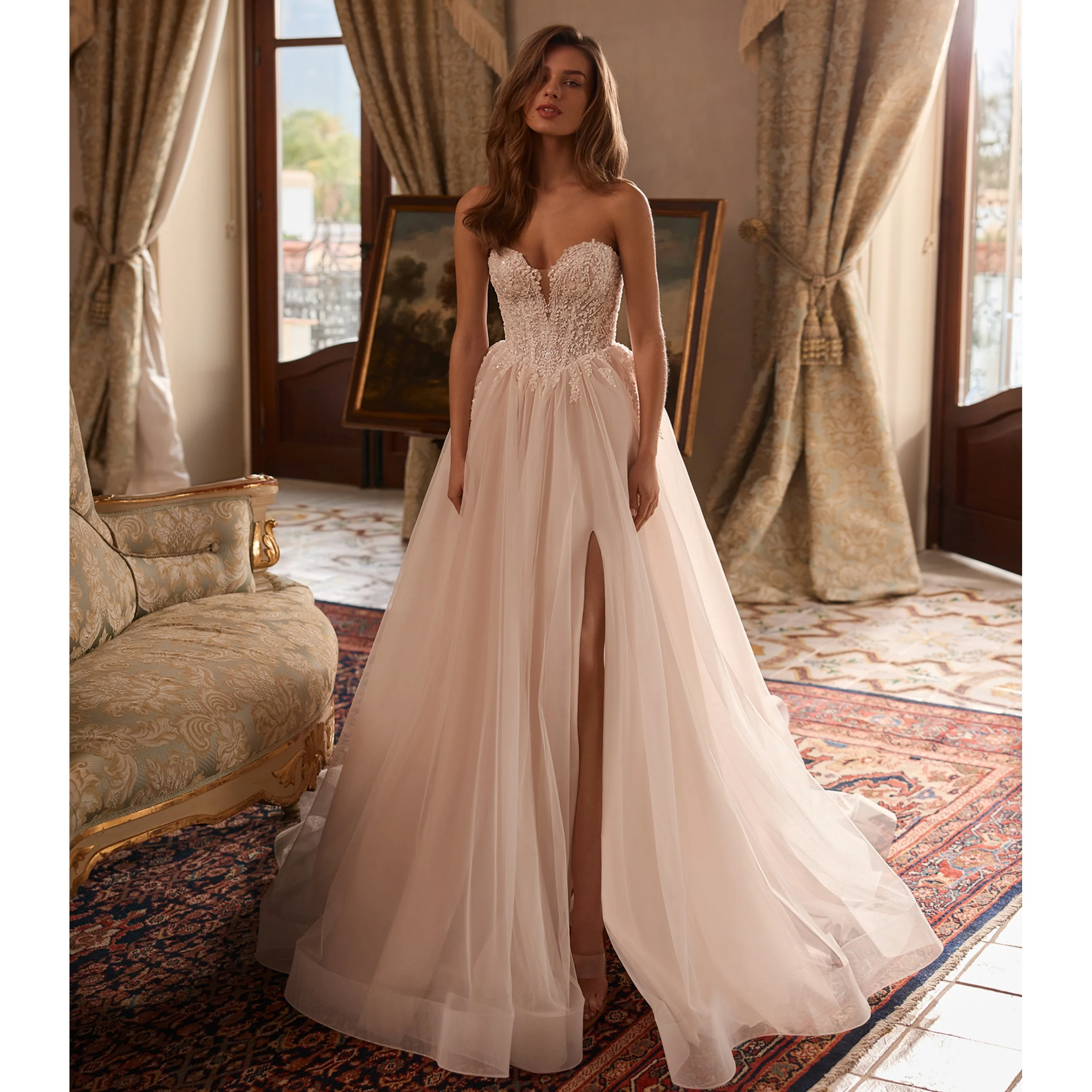 

Simple White Wedding Dresses for Women A Line Sweetheart Lace Formal Bridal Gowns Customized Beach Tulle Robes de Soriee