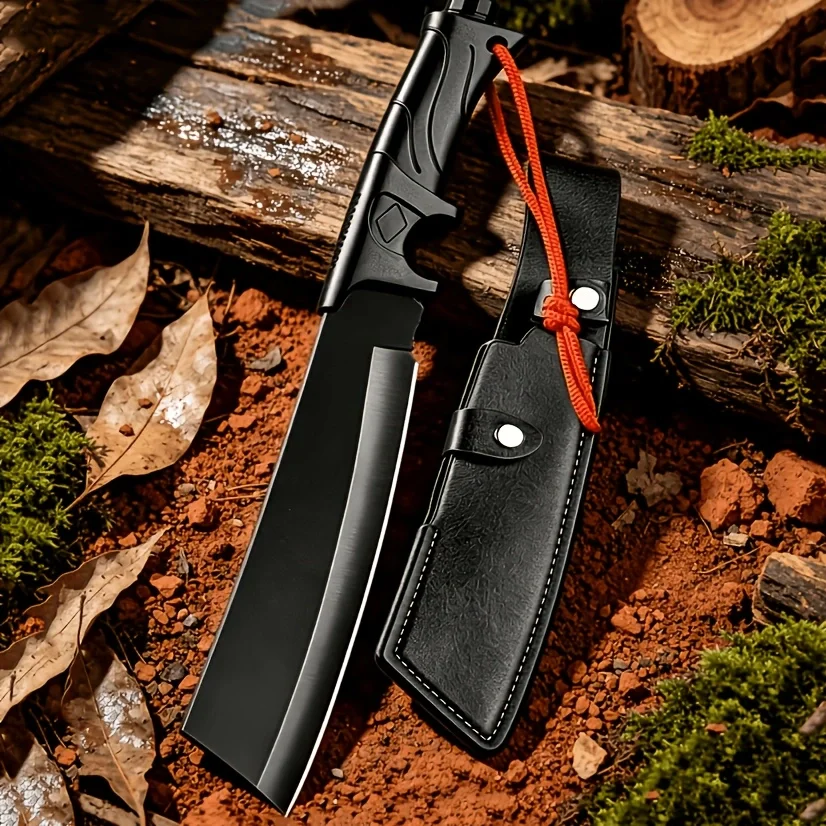 1PC Outdoor Camping Knife,Black Coated Straight Blade,with Leather Sheath & Lanyard, for Exploration,Hiking & Trekking,Collectib