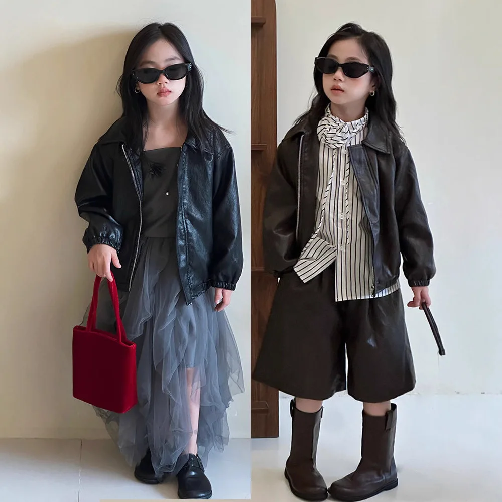 

2025 New Girls Leather Jacket Multi Style Interior Set Children Trendy Cool Spring and Autumn Three Piece Set