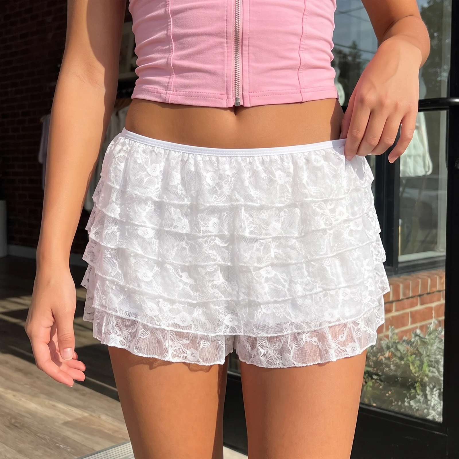 Women’s Summer Lace Layered Ruffle Shorts Low Waist Solid Color Bloomer Shorts