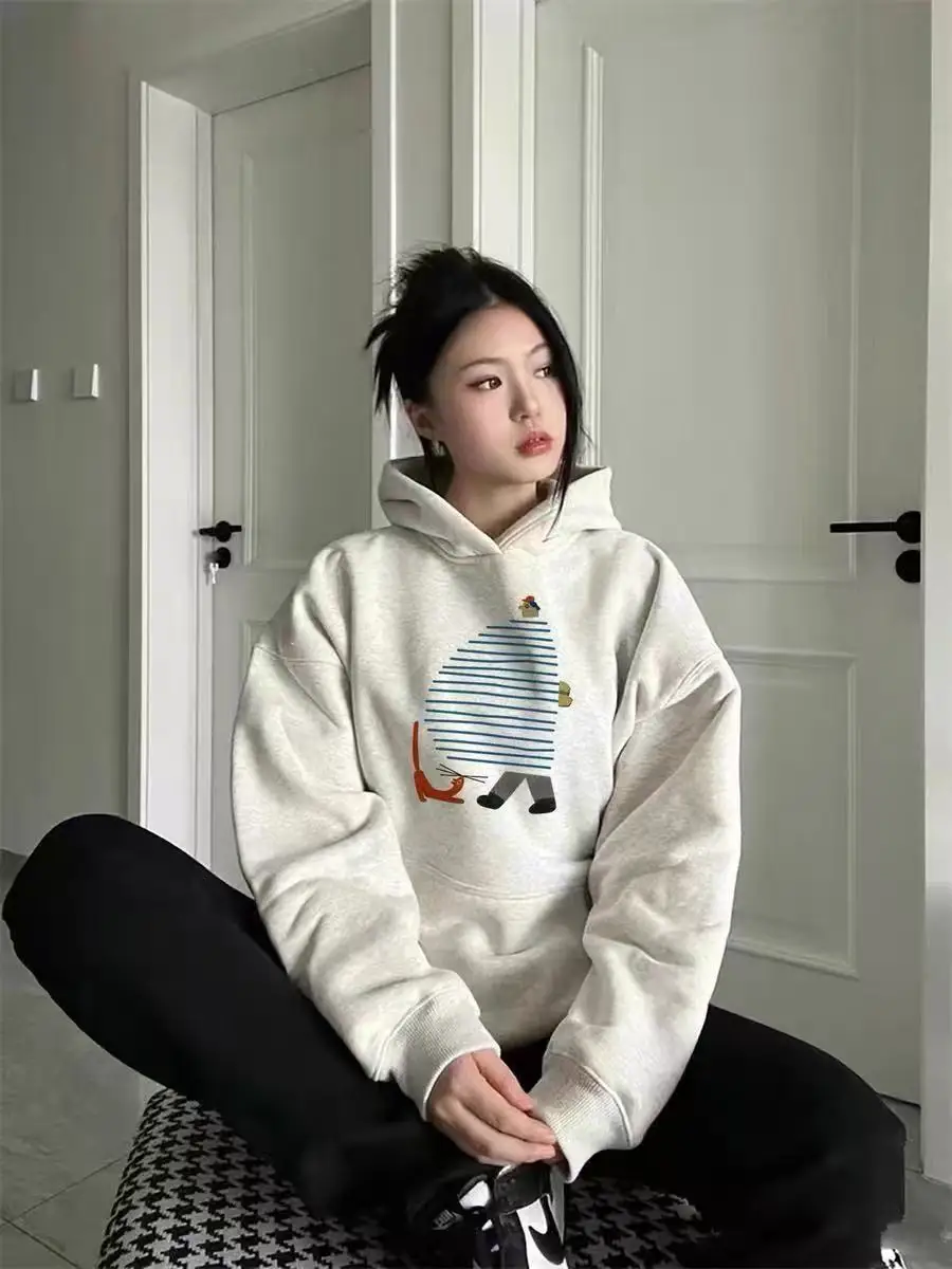 

Флисовая толстовка со шляпой, женская японская винтажная одежда, осень Y2K, хипстерская потертая повседневная эластичная талия, скейтерборд, забавная