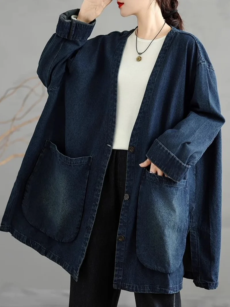 

V-Neck Large Pocket Workwear Denim Jacket For Women Loose Casual Large Size Medium Length Long Sleeved Windbreaker Coat w829