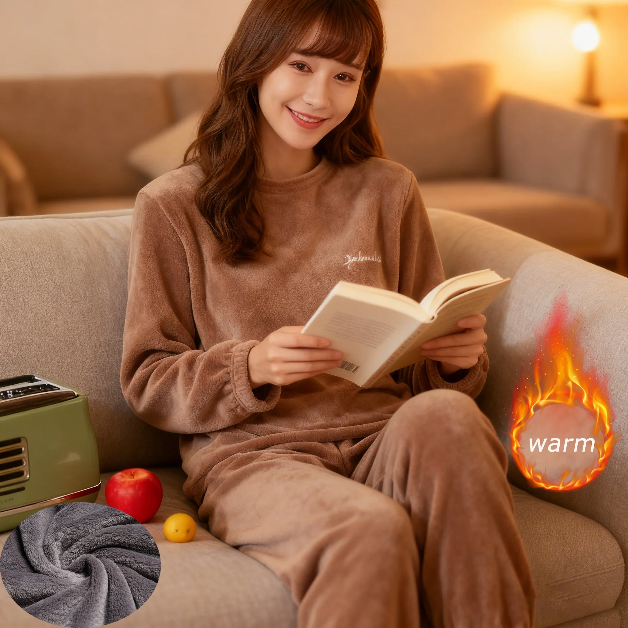 Thick Winter Flannel Coral Fleece Sleepwear Set for Women Casual Home Use Two-Piece Set Including Pants