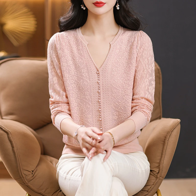 

Winter Elegant Diamond Pearl Beading Pullover Sweater Fashion Elastic Knitted Long Sleeve O-Neck Knitwear