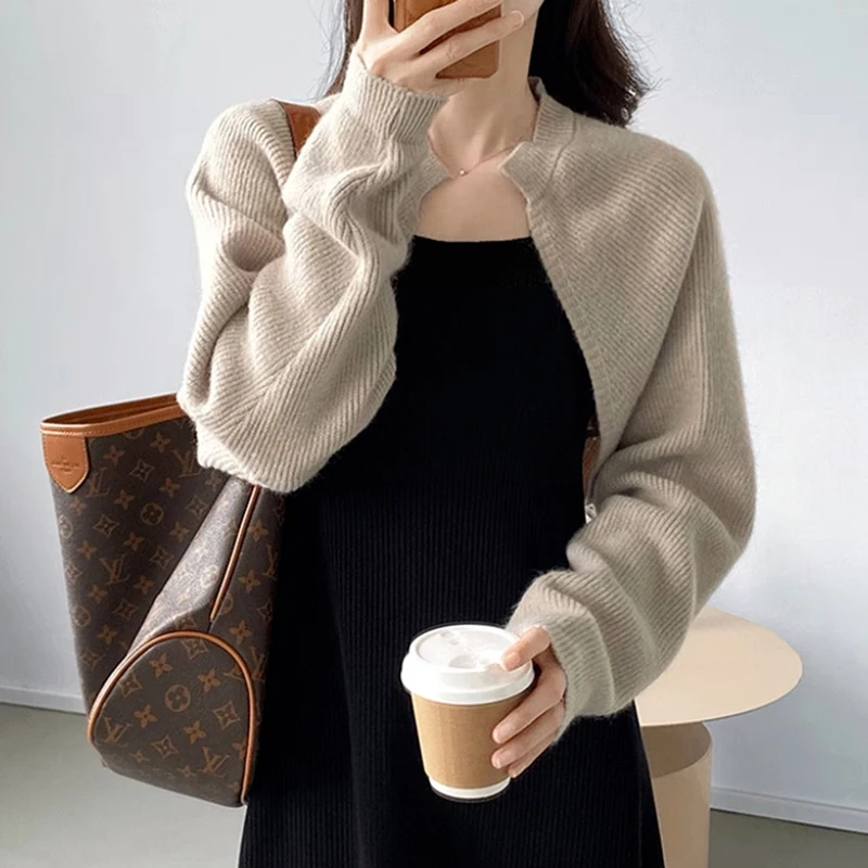 autumn grey women cardigan korean knitted slim female casual sweaters fashion new long sleeve ladies crop jumpers