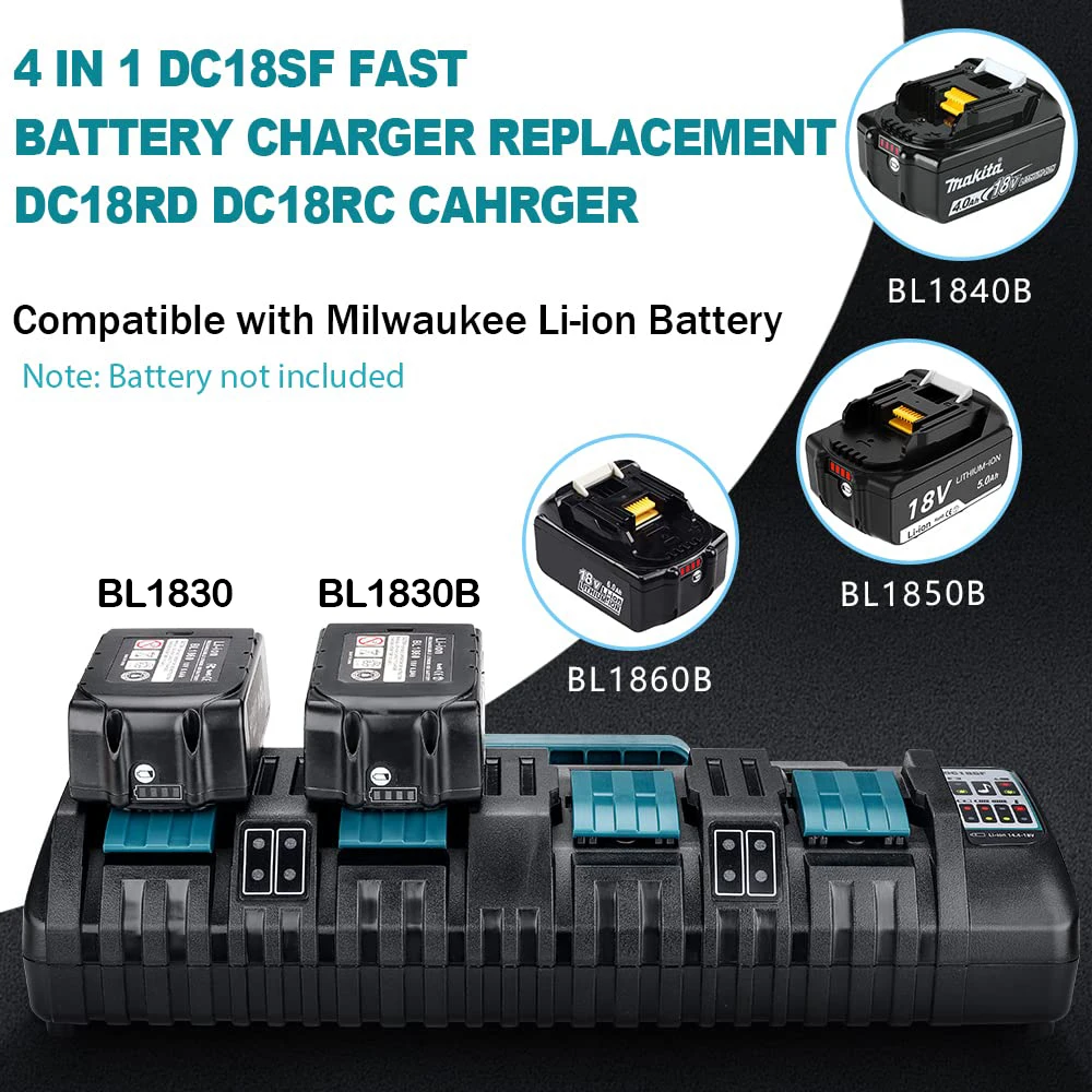 For Makita Battery Charger 14.4V-18V LXT Lithium‑Ion 4-Port Battery Charger Rapid Charger with Dual USB Port 8A/12A Power Tools