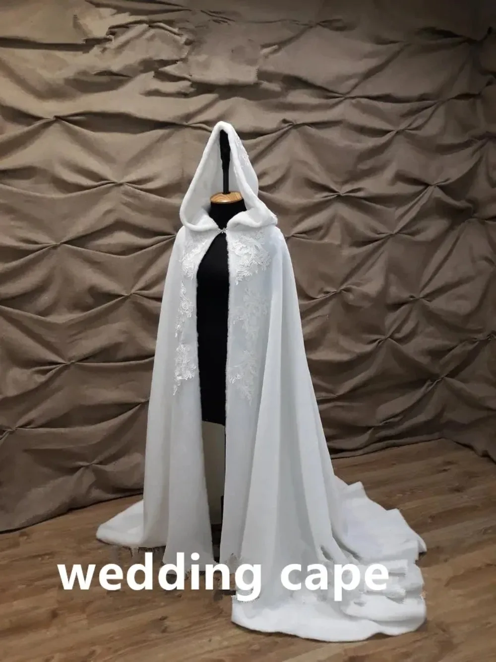 Fur with Lace Wedding cape with hood, Fur wedding cloak, Bridal Cape, Ivory Fur Cloak, Winter wedding cape with train Long cape
