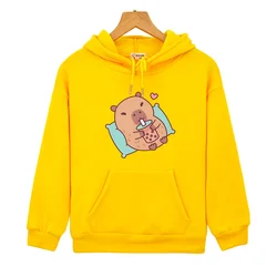 Capybara Loves Drinking Bubble Tea Hoodies Causal Children Kawaii Printing Sweatshirt with Pocket Sudadera Boys Girls Clothing