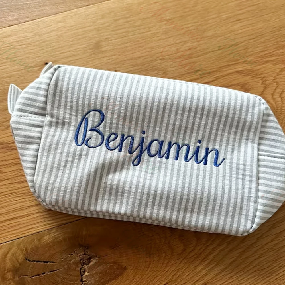 Personalized Name Seersucker Toiletry Bag Custom Monogrammed Cosmetic Bag Gift for Women Travel Makeup Bag Unique Birthday Gifts