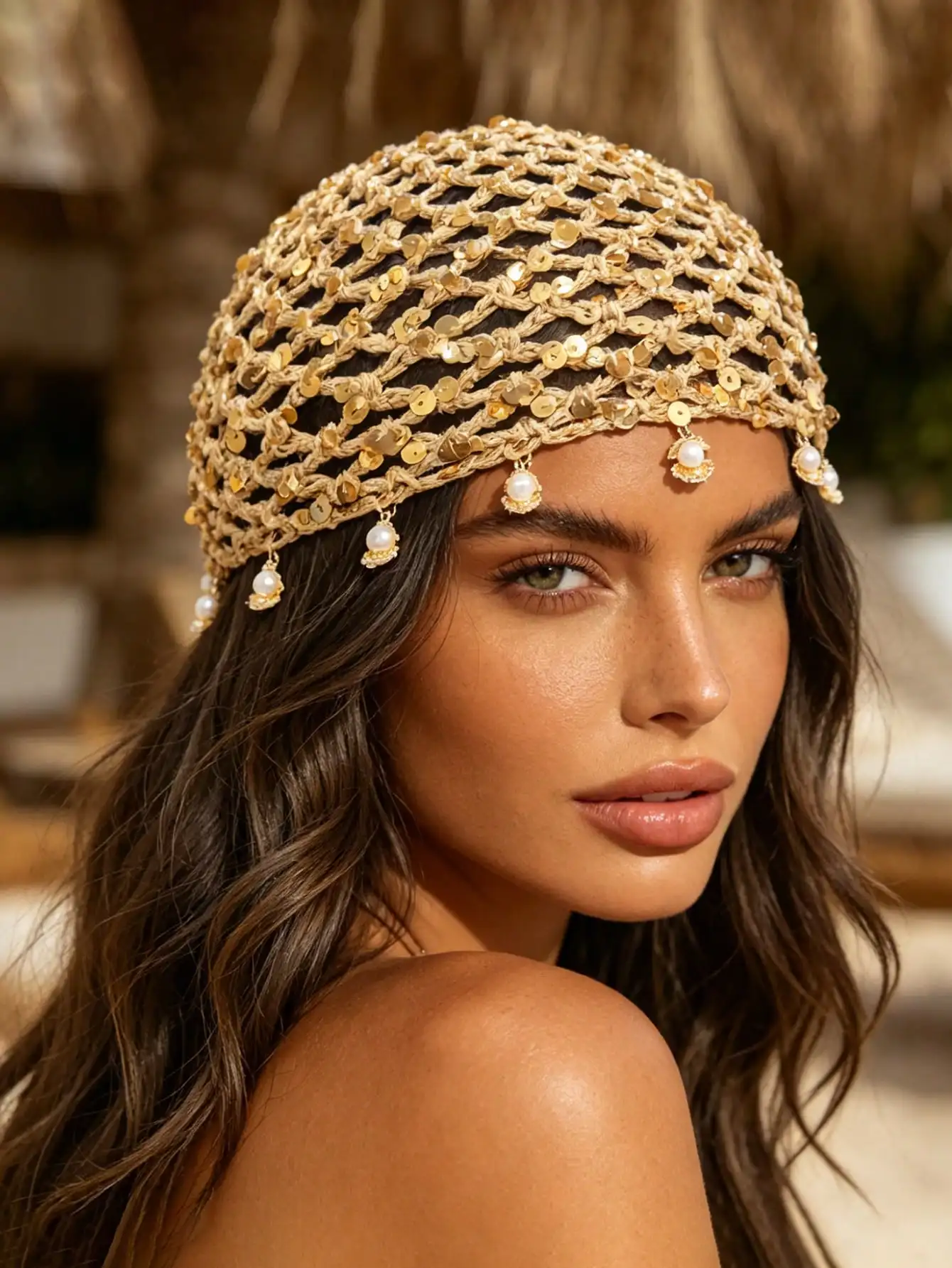 1pc Bohemian Style Sequin Knit Beanie, Pearl Shell Pendant Hollow Mesh Beret, Vacation/Beach/Festival Hair Accessory