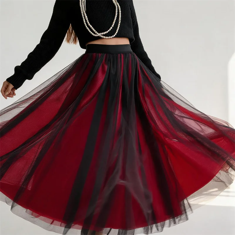 Women Gothic Multi-layer Tulle Midi Skirt High Waist A-line Mesh Swing Skirt Vintage Black Red Tutu Skirt Evening Party Skirt