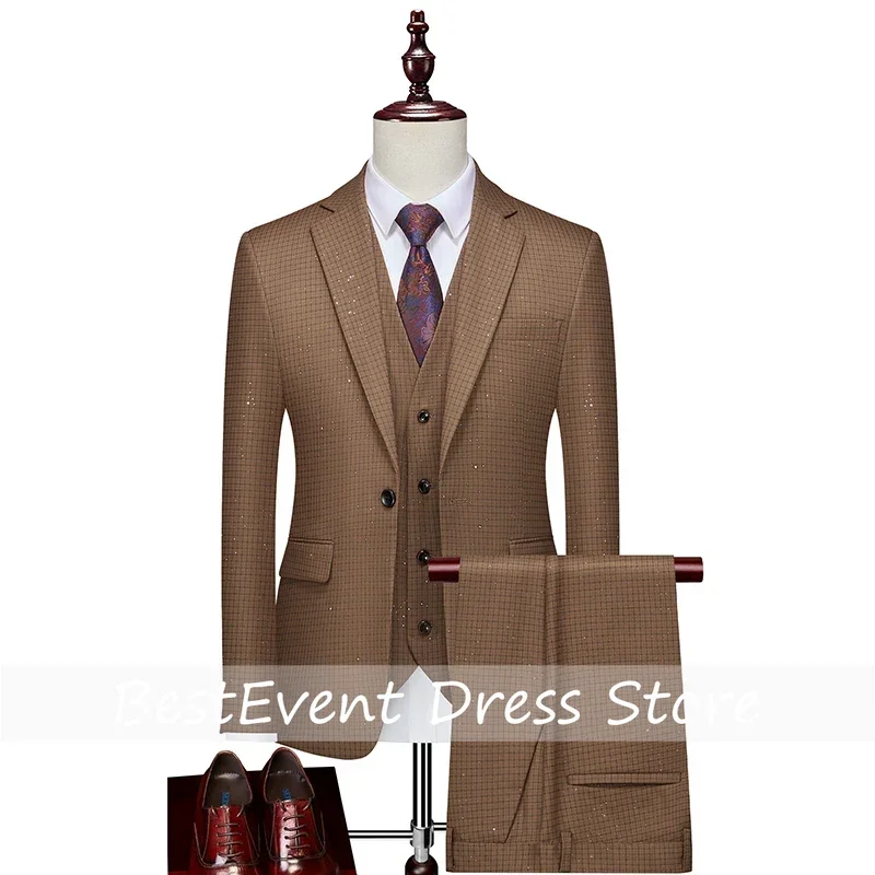 New Men's Jacquard Sets Three-piece Wedding Business Banquet Casual Simple Slim Fashion Elegant Suits Customized