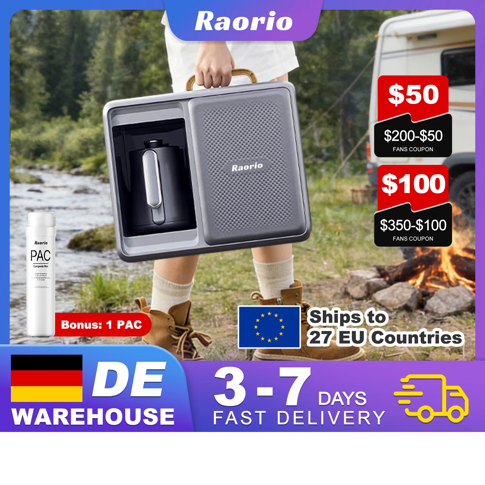 

Raorio Portable Outdoor Camping Water Drinking Machine Intelligent Reverse Osmosis System Heating Water 5 Stage UV Purification