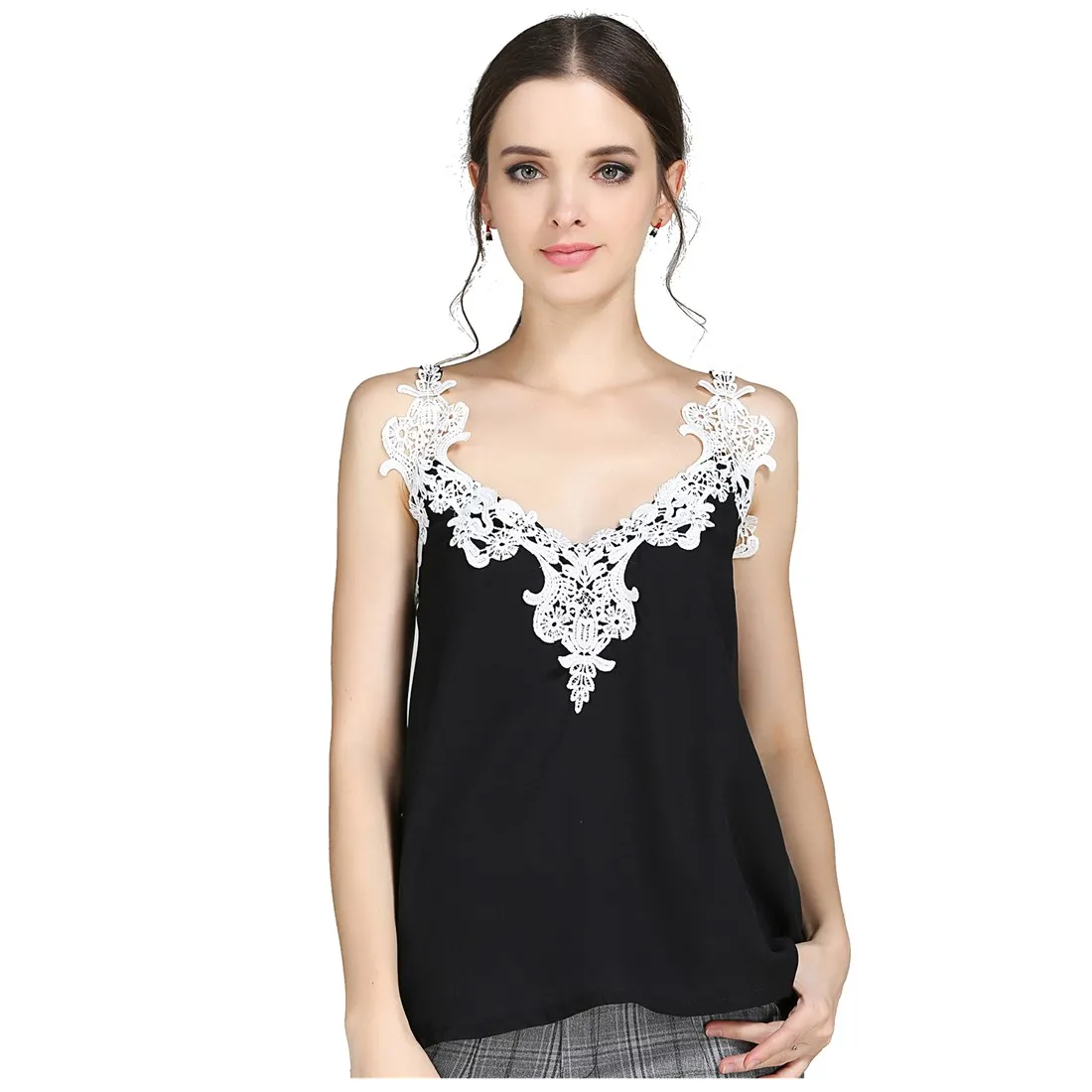 Women's Lace Chiffon Splicing Sleeveless Sexy V-neck Slim Loose Chiffon Shirt Elastic Top