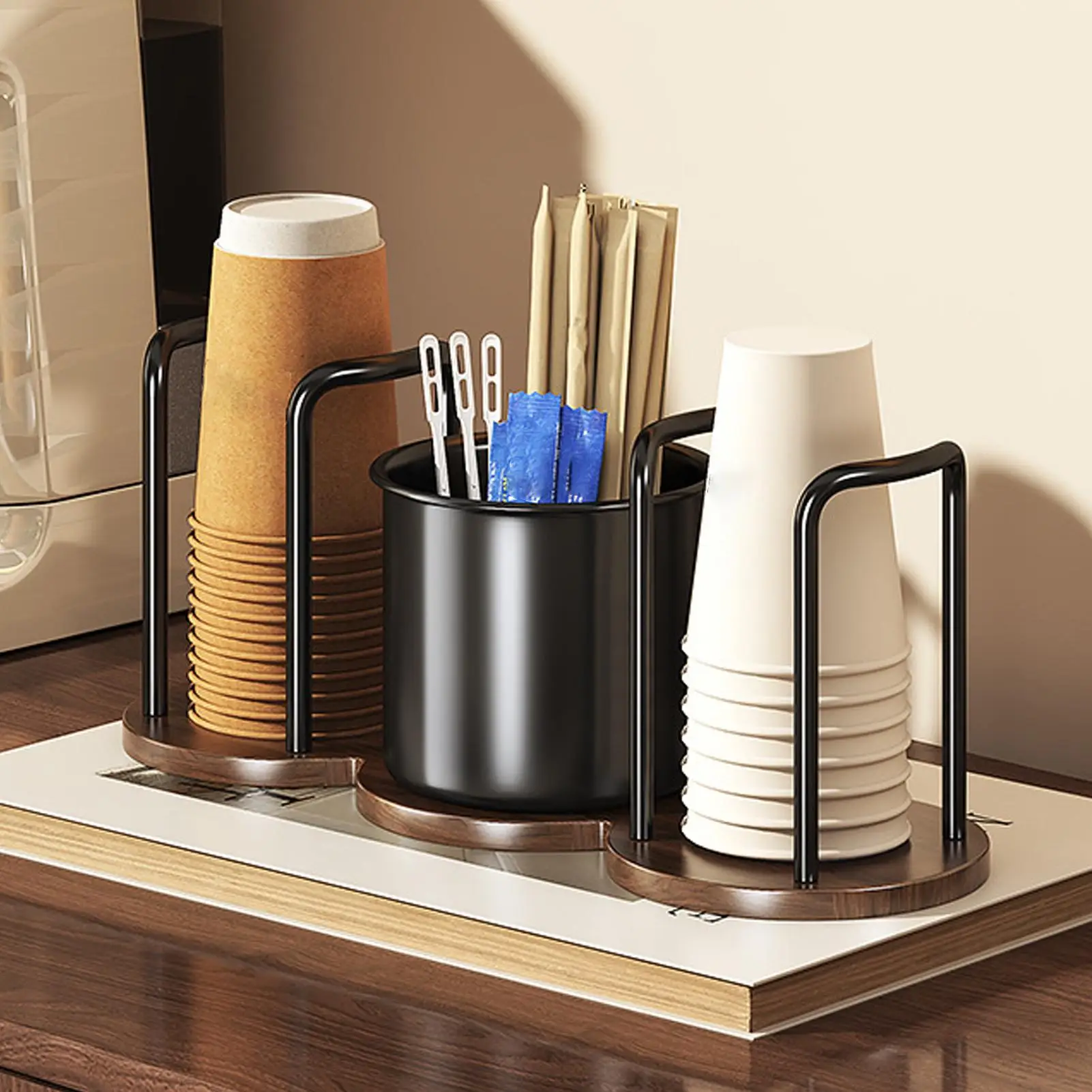 Coffee Cup Holder 3 Compartments Wooden Base Stable Stand Coffee Bar Cup Organizer for Counter Desk Desktop Couch Cabinet Home
