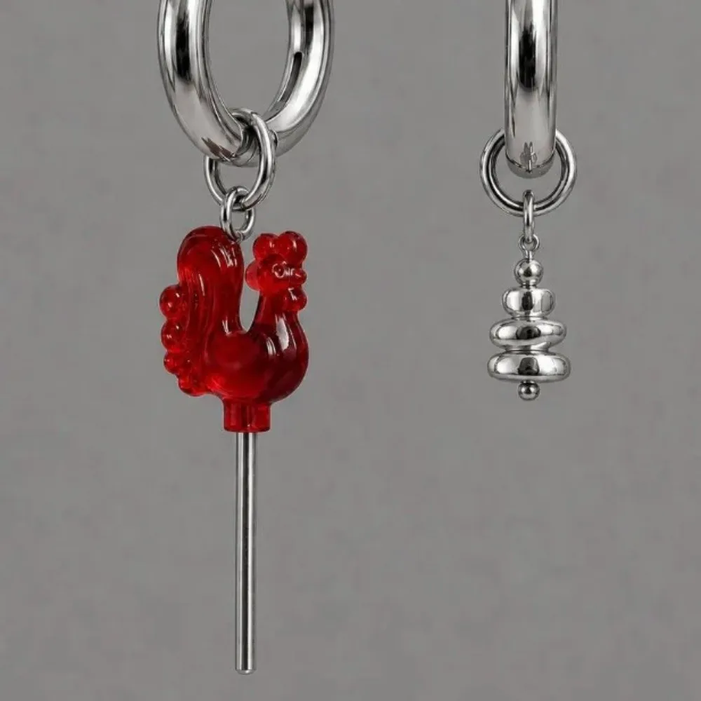 3D Red Rooster Necklace Beads Lollipop Asymmetrical Rooster Pendant Earrings Adjustable Dangle Rooster Pendant Necklaces