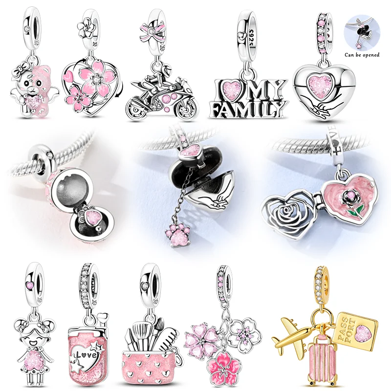 Original 925 Sterling Silver Pink Charms Beads Letter Flowers Cell Phone Girls Motorcycle Dangle Fit Bracelet Women Jewelry Gift