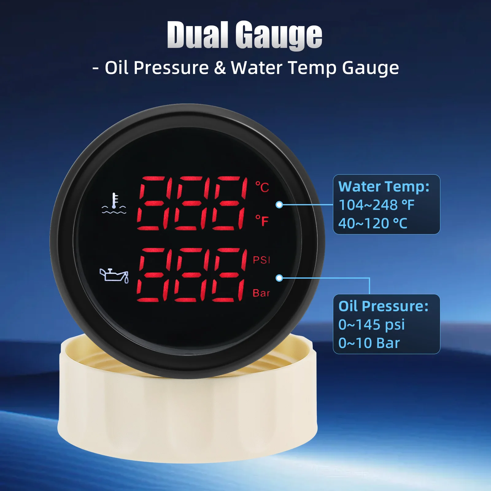 

Red Led Dual Digital Water Temp Gauge with Temperature Sensor 1/8 NPT Motor Oil Pressure PSI BAR adjustable Unit 2 in 1 12V 24V