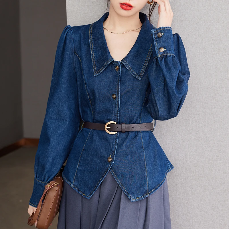 

Vintage Irregular Women's Denim Jean Jackets with Belt Turn Down Collar Long Sleeve Jeans Coat Female Autumn Winter Overcoat