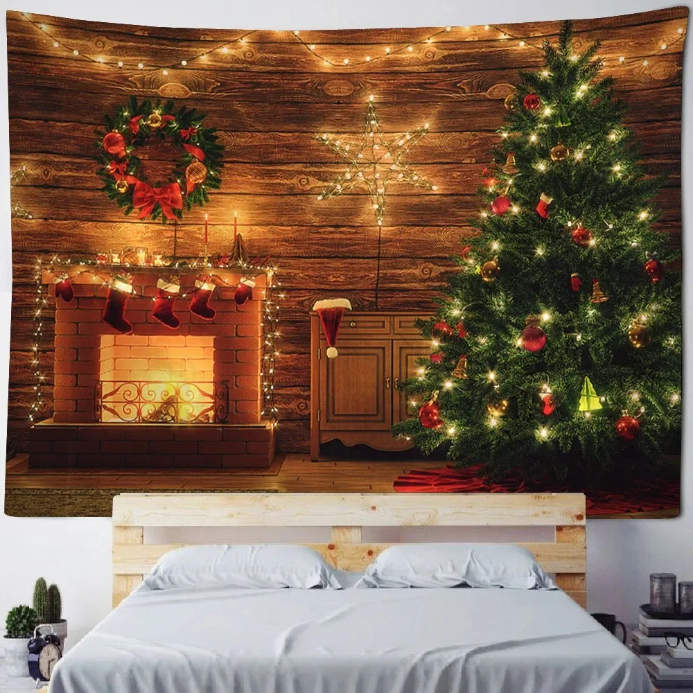 Christmas tapestry wall hanging Santa Claus Christmas tree snow view holiday wall decoration Christmas gifts living room bedroom