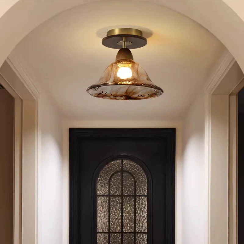 

American Retro Corridor Aisle Ceiling Light Cloakroom Entrance Porch Balcony Medieval Walnut Color Solid Wood Glass Ceiling Lamp