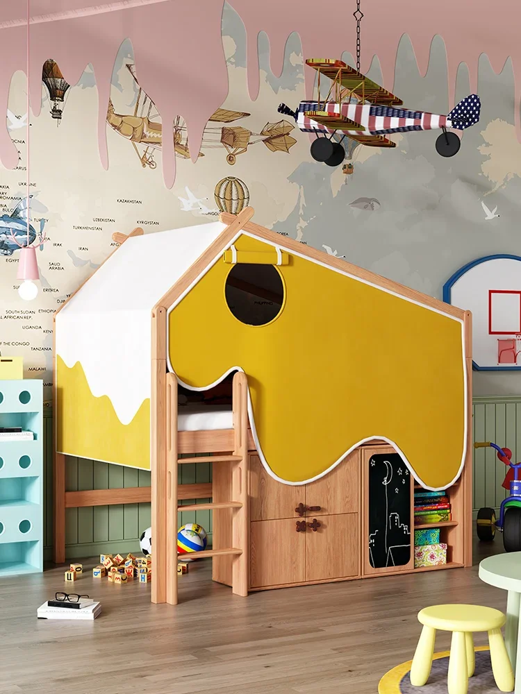 Semi-height bed children's with storage wardrobe bookcase integrated treehouse guardrail solid wood children's bed bunk bed