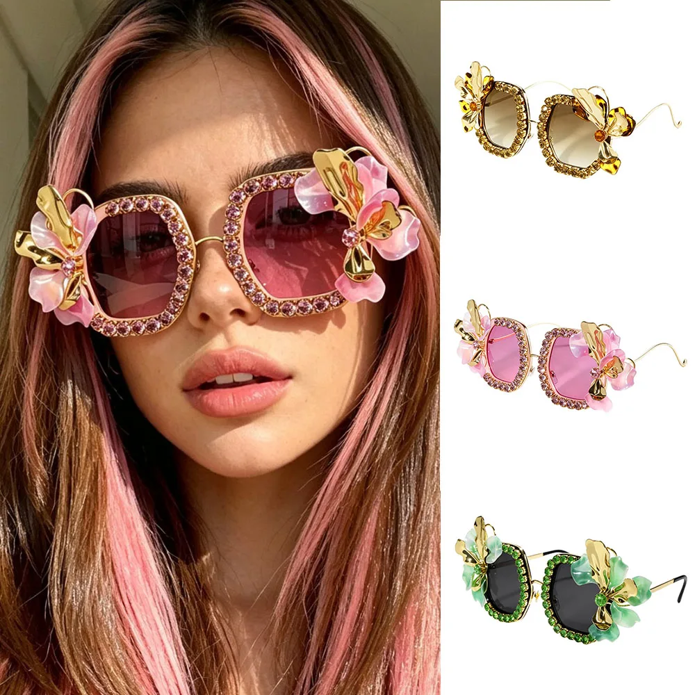 Fashion Women Vintage Square Sunglasses Sparkling Rhinestone Frame 3D Flower Ornament Sunshade Glasses For Wedding Party Eyewear